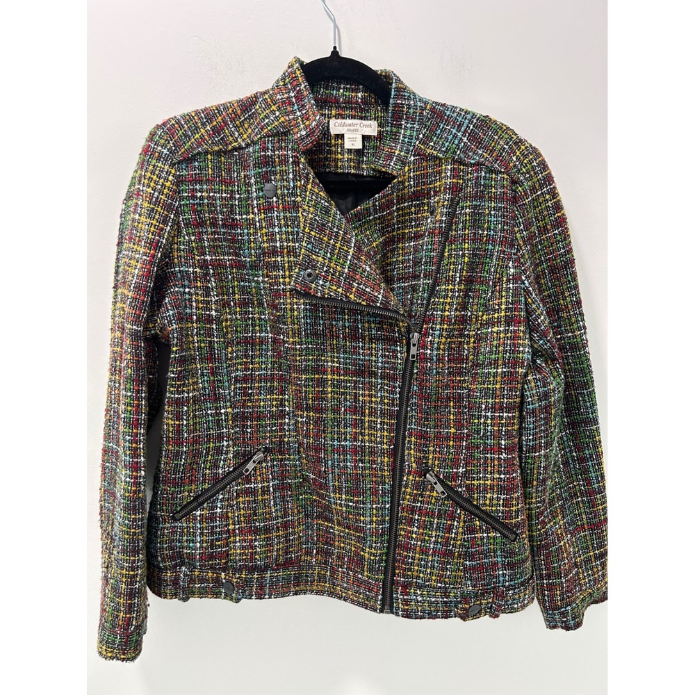 Coldwater Creek Multi Color Tweed Moto Jacket Womens 10 Rainbow Wool Blend Zip